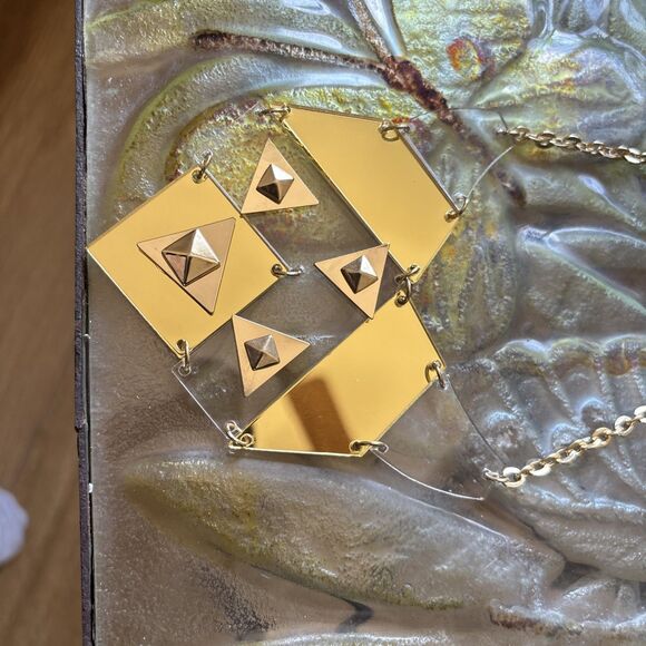 Bansri Gold Tone Necklace & Earring Set Statement Geometric Design 20" Chain - Picture 2 of 4